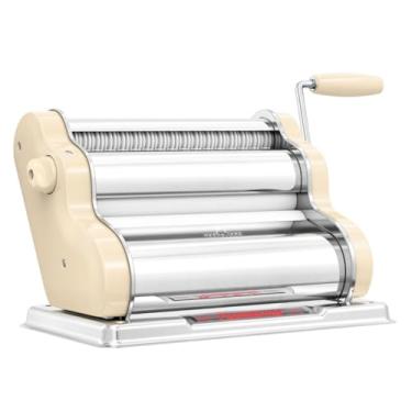 Imagem de PASTALINDA Máquina de fazer massa clássica 260, rolos de 26 cm de largura, 9 posições de espessura, 2 posições de corte, aço inoxidável. Inclui manivela de mão reforçada e dois grampos (creme)