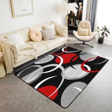 Imagem de Feelyou Tapete de área de arte abstrata para crianças, meninos, meninas, 7 x 12 cm, preto, cinza, vermelho, tapete de sala de estar, ultramacio, geométrico, decoração de arte moderna, tapete