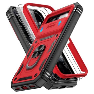 Imagem de Gritup Capa para celular Google Pixel 8A com capa de câmera deslizante e protetor de tela (2 peças), suporte de anel giratório 360, capa protetora de grau militar para Pixel 8A, vermelho + preto
