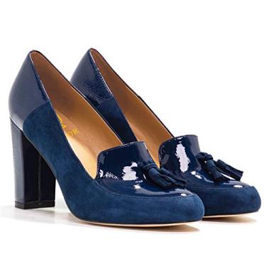 Imagem de LEHOOR Sapato feminino de salto alto com franjas, salto grosso, bico redondo, mocassins sem cadarço com franja camurça couro envernizado patchwork para mulheres meninas escritório 34-15 M EUA, Azul