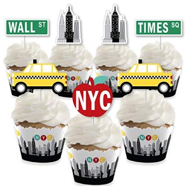Imagem de Big Dot of Happiness NYC Cityscape – Decoração de cupcake – Kit de embalagem e palitos de petiscos para festa de Nova York – Conjunto de 24