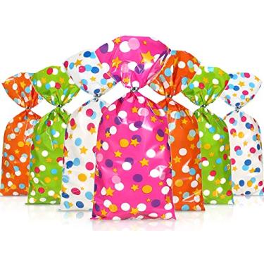 Imagem de Pajean 100 unidades de sacos de guloseimas de celofane, bolinhas, lembrancinhas de festa, doces com 100 laços torcidos, tema de estrelas de arco-íris para artigos de festa de aniversário e dia do