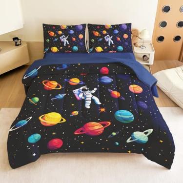 Imagem de Jogo de cama casal para meninos – Conjunto de edredom completo com 5 peças, foguete e planeta galáxia, lavável na máquina, durável – ideia de presente para quarto de meninos e meninas