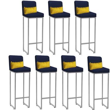 Imagem de Kit 07 Banqueta Alta Com Encosto Ferro Cinza Suede Azul Marinho E Almofada Amarelo - Amey Decor