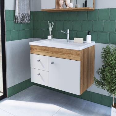 Imagem de Gabinete Para Banheiro Suspenso 60Cm Com 1 Porta 2 Gaveta Lvp02 Versato Nova Móbile Mel/Branco