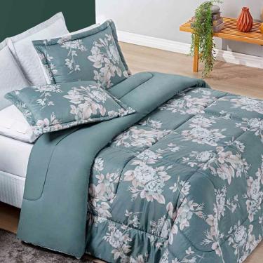 Imagem de Kit Edredom Celi Super King Dupla Face Micropercal 200 Fios 3 Peças - Verde Floral