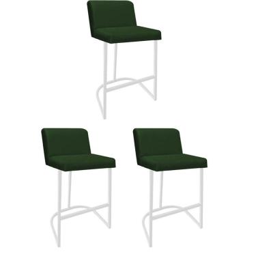 Imagem de Kit 03 Banquetas Com Encosto Noah Luxo Confort Bistrô Cozinha Ferro Branco Suede Verde - Amey Decor