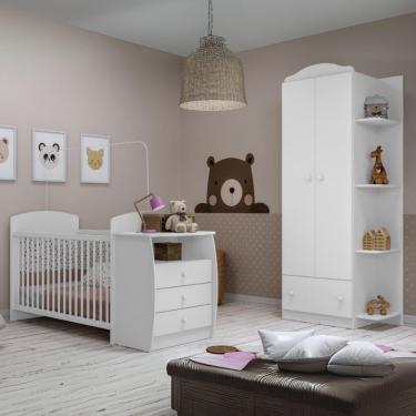 Imagem de Berço Cômoda com Guarda Roupa Multifuncional Mp4372 em MDP Branco para Bebê com Grades Fixas