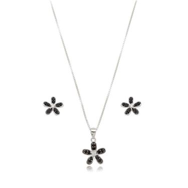 Imagem de Conjunto Colar E Brincos Flor Zircônio Negra Prata 925