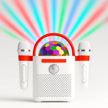 Imagem de Karaokê Portátil Retrô com Efeitos de Luz de Balada, Festa, Caixa de Som Bluetooth com Microfone e Globo de Luz LED - Entrada Auxiliar, Cartão SD e 10W de Potência – À Prova d’Água IPX6 (Branca)