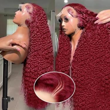 Imagem de MEGOOD Peruca De Renda Frontal Bordô 250% Densidade 13X4 99J, Cabelo Humano Trançado Para Mulheres Negras, Cacheada Hd, Ondas Profundas Com Baby Hair