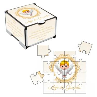 Imagem de Kit Religioso Infantil com Caixinha de MDF e Quebra-Cabeça 16 Peças Lembrancinha Cristã para Batizado, Crisma, Primeira Comunhão e Catequese Mimo Luxo Nacional (Anjo da Guarda)