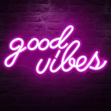 Imagem de Placa neon Good Vibes para decoração de parede, alimentada por luz neon USB para decoração de quarto, cor rosa, 41 x 21 x 1,5 cm