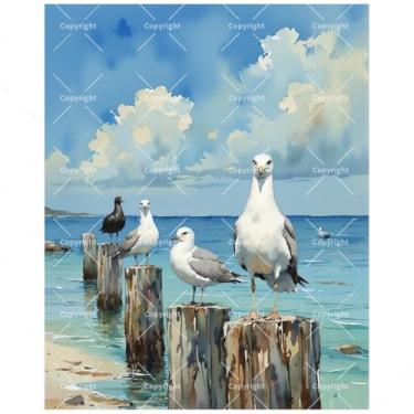 Imagem de Kit de pintura à beira-mar natureza por números para adultos - Gaivotas DIY em postes de cais de madeira, pintura em tela, 40,6 x 50,8 cm, conjunto de tinta acrílica, adequado para iniciantes, arte
