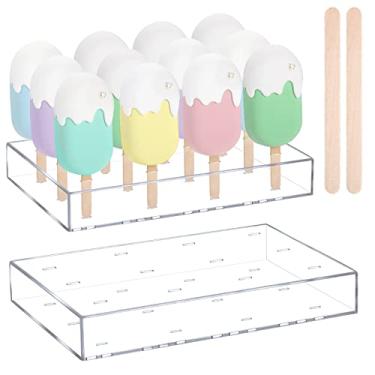Imagem de Gejoy 2 peças de suporte de bolo de acrílico para bolo pop suporte reutilizável para bolo suporte transparente pirulito e 100 peças de palitos de sorvete de madeira para aniversário, casamento, chá de bebê, mesa de sobremesa