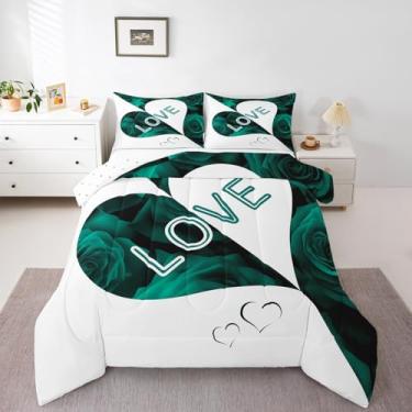 Imagem de Erosebridal Jogo de cama Queen com coração de amor, rosa, azul-petróleo para crianças, meninos e meninas, edredom romântico com plumas de flores, casais, casamento, reversível, com 2 fronhas, todas as