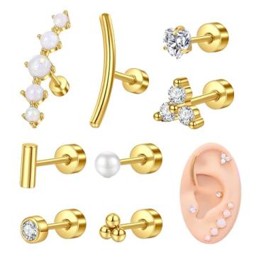 Imagem de Brincos femininos AVYRING 20 g de costas planas hipoalergênicos de aço inoxidável cartilagem hélice segundo furo brincos para mulheres homens o dia todo conforto ouro prata, Metal, Sem Pedra Preciosa