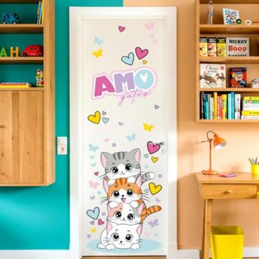 Imagem de Adesivo Gatos Infantil Lavável Seguro Criativo Para Porta ou Parede Ideal Para Quarto de Menino Menina Bebê