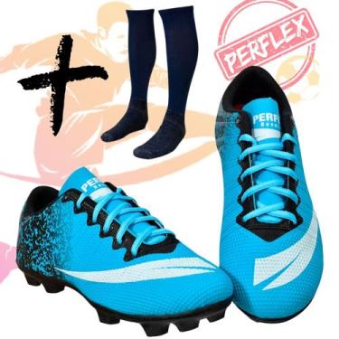 Imagem de Chuteira Campo Adulto Infantil + Meião - PERFLEX Revolution, Azul cele