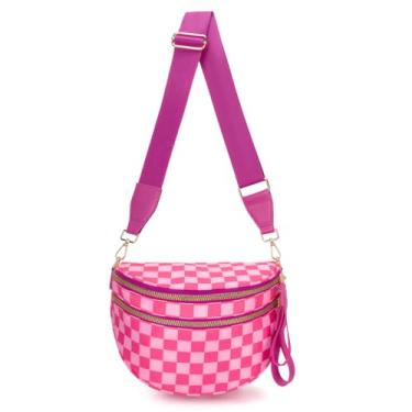Imagem de WOOMADA Bolsa transversal quadriculada bolsa de cintura elegante, Tabuleiro xadrez rosa choque