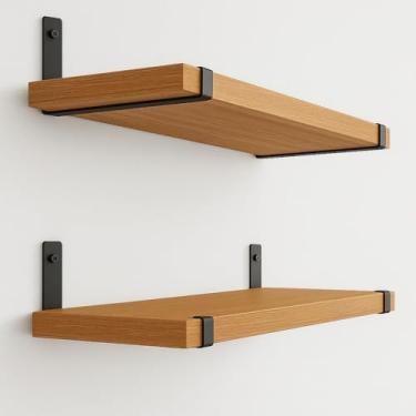 Imagem de Prateleira Flutuante de Madeira com Suporte Preto, Estilo Moderno, Conjunto com 2 Peças (Mel, 80x20cm)