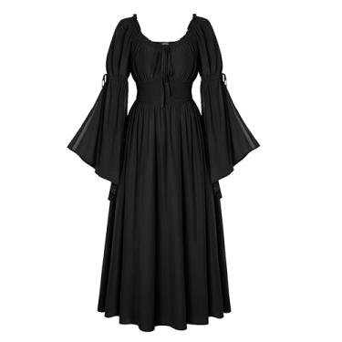 Imagem de Scarlet Darkness Vestido renascentista feminino medieval camponês vestido longo manga sino vestidos, Preto, GG