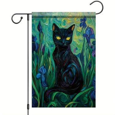 Imagem de Starlit Patio Bandeira de jardim de gato preto flores azuis bem-vindo ao ar livre bandeira dupla face primavera verão sazonal casa decorativa para pátio gramado varanda decoração de casa estilo arte
