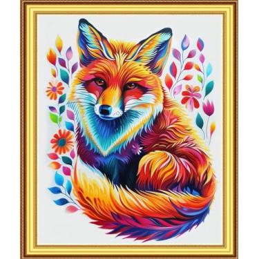 Imagem de Foxnyart Kits de ponto cruz estampado, gama completa de kits de bordado para iniciantes e adultos 11CT padrões de bordado arte artesanato DIY kit de bordado - flor de raposa colorida 40,6 x 50,8 cm