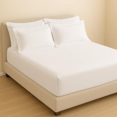 Imagem de Kit Jogo de Lençol 100% Algodão 300 Fios 4 fronhas com Abas (Branco, Queen 5PCS)