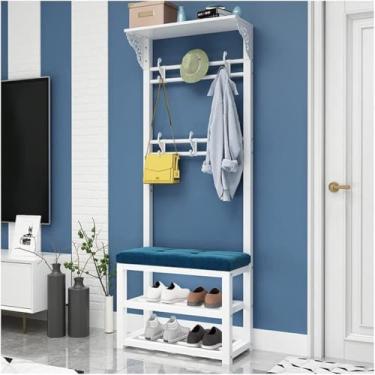 Imagem de Cabideiro Banco De Sapatos Com Assento De Almofada 2 Camadas Armário De Armazenamento De Sapatos Para Sala De Estar Quarto, Black Blue Cloth, 60CM