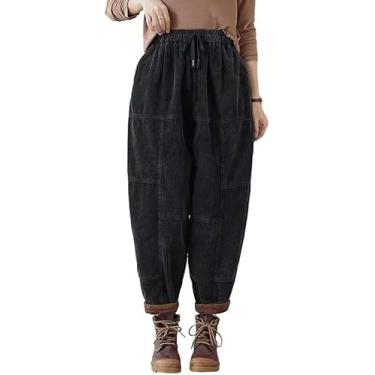 Imagem de Pantalones Femininos - Outono Inverno Estilo Artístico Mulheres Preto Cintura Elástica Algodão Veludo Harém Calças All-matched Casual Loose Calças Femininas