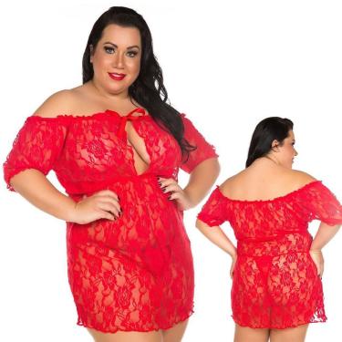Imagem de Camisola Plus Size Ciganinha Renda Ombro a Ombro com Calcinha Lingerie Sexy e Sofisticada Para Momentos Especiais