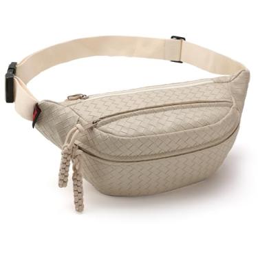 Imagem de Bolsa tiracolo para mulheres, pochete moderna de couro trançado com alça de ombro ajustável para viagens, Bege, Large