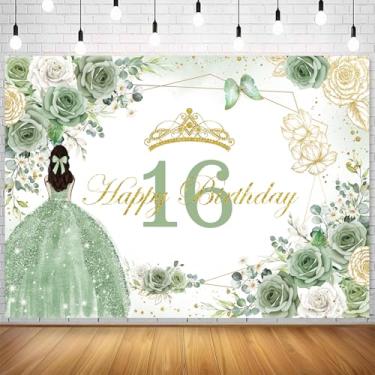 Imagem de Withu Pano de fundo floral verde sálvia para meninas 16 anos com glitter, ouro, rosa, flor, borboleta, tema de 16 anos, decoração de mesa, banner, suporte fotográfico, 2,1 x 1,5 m