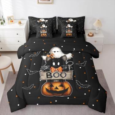 Imagem de Erosebridal Jogo de cama solteiro Happy Halloween, 7 peças, cama de abóbora de gato fantasma em uma bolsa, conjunto de cama de animal fofo inclui edredom, conjunto de lençol, fronhas e fronhas