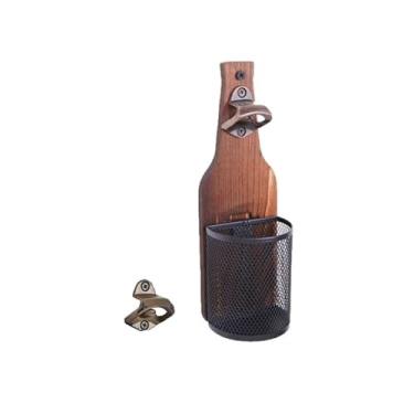 Imagem de Abridor de garrafas montado na parede, abridor de garrafas de cerveja de madeira rústica com captador de tampa para cozinha, jardim, ao ar livre.