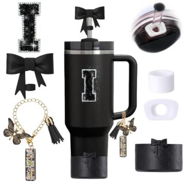 Imagem de Conjunto de 6 peças de acessórios para copos Stanley Pretos, Topper de canudo com laço para Stanley Cup 850 g 1,134 g, incluindo cobertura de palha e bota de silicone com laço, tampas à prova de