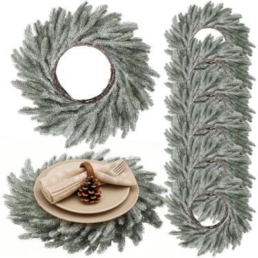 Imagem de Gandeer Jogo americano de Natal, conjunto de 6 tapetes redondos de vegetação, guirlanda artificial circular de Natal, decoração de mesa de jantar, plantas falsas de inverno, ramos para acessórios de