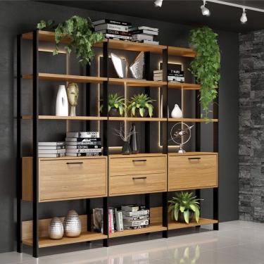 Imagem de Estante em MDF para Livros 2 Portas 2 Gavetas Estilo Industrial E93 Freijó Preto Fosco Dalla Costa