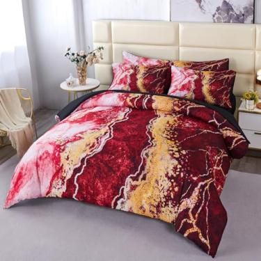 Imagem de PERFEMET Conjunto de 6 peças de edredom Queen de mármore, vermelho e dourado, conjunto de cama abstrato, montanha ardente, mármore, macio, luxuoso, arte retrô tie dye (vermelho, Queen)