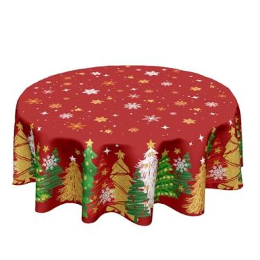 Imagem de Toalha de mesa redonda de Natal com tema de Natal de 152 cm, árvore vermelha e dourada, floco de neve, toalha de mesa decorativa de inverno para cozinha, jantar, decoração de casa