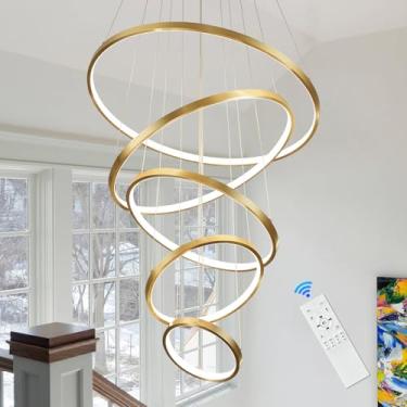 Imagem de AIRYPHANT Lustre de LED moderno para teto alto com 5 anéis, lustres dourados, foyer regulável, luminária pendente de teto, contemporâneo, para escadas, sala de estar, 3000K-6500K
