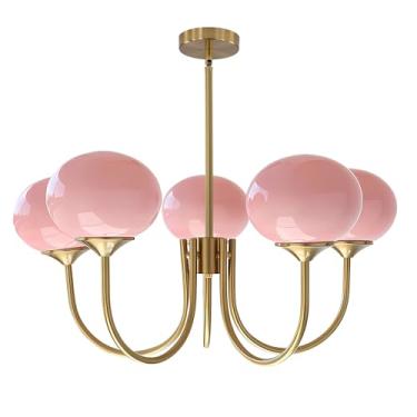 Imagem de BOKT Lustre Sputnik com 5 globos dourados claros moderno vidro rosa Sputnik luzes pendentes ilha cozinha metade do século vintage bronze escovado bola lustre luminária para quarto, sala de jantar e