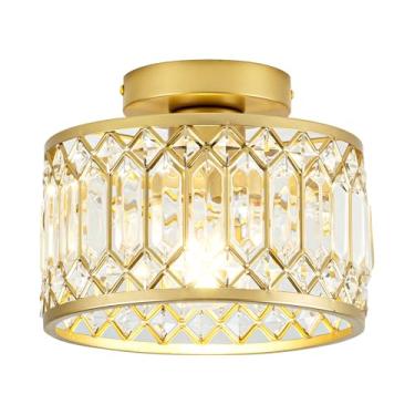 Imagem de Rpzloila Luz de teto de cristal, luminária de teto moderna com montagem semi-embutida, lustre de cristal dourado para cozinha, quarto, banheiro, entrada (lâmpada não incluída)