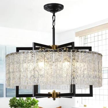Imagem de DUGHKUGH Lustres de cristal preto 61 cm tambor moderno fazenda lustre luminária água ondulado lustres de vidro para sala de estar, sala de jantar, quarto, cozinha