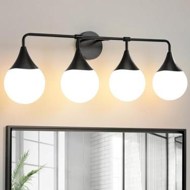 Imagem de HAHZT Luminárias de banheiro para banheiro: 4 luminárias modernas de banheiro de meados do século sobre espelhos - Arandela de parede preta fosca com sombra de esfera de vidro leitoso para banheiro e