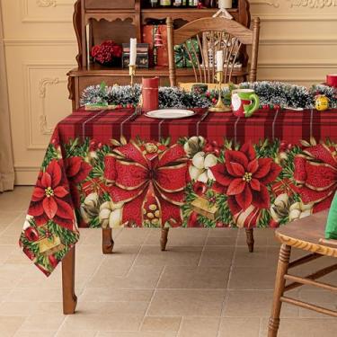 Imagem de Softalker Toalha de mesa retangular de Natal com flores xadrez vermelhas, toalhas de mesa de tecido de poliéster lavável para jantar, festas e decoração de férias (132 x 187 cm)