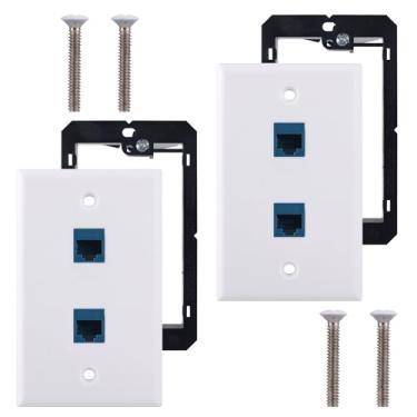 Imagem de 2 pacotes de tomada de placa de parede Ethernet, 2 portas, placas de metal de plástico Ethernet com suporte de montagem de baixa tensão, uma solução abrangente para projetos de rede DIY para casa e