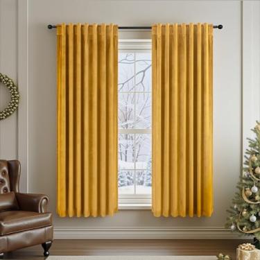 Imagem de Cortinas de veludo com aba traseira, douradas, blackout para quarto, 153 cm, 2 painéis, bolso para haste, luxuoso, texturizado, isolamento térmico, cortinas curtas para meninos e crianças, escritório