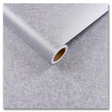 Imagem de CRE8TIVE Papel de parede de seda prata metálico descasque e cole papel de contato texturizado em relevo cinza prateado para gavetas de armários 30,5 x 203,2 cm, papel de parede removível autoadesivo